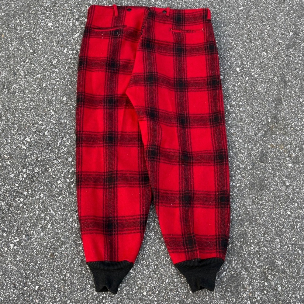 Vintage 50s 60s Wool Hunting Pants Buffalo Plaid Red Black Knit Cuff Talon Zip - Picture 6 of 7